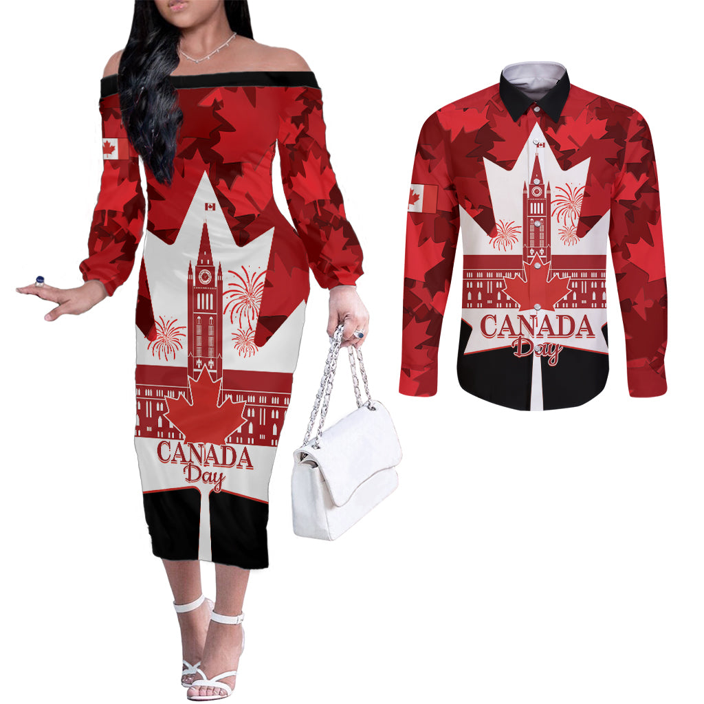 Canada Day Couples Matching Off The Shoulder Long Sleeve Dress and Long Sleeve Button Shirt 2024 Canadian Maple Leaf Pattern