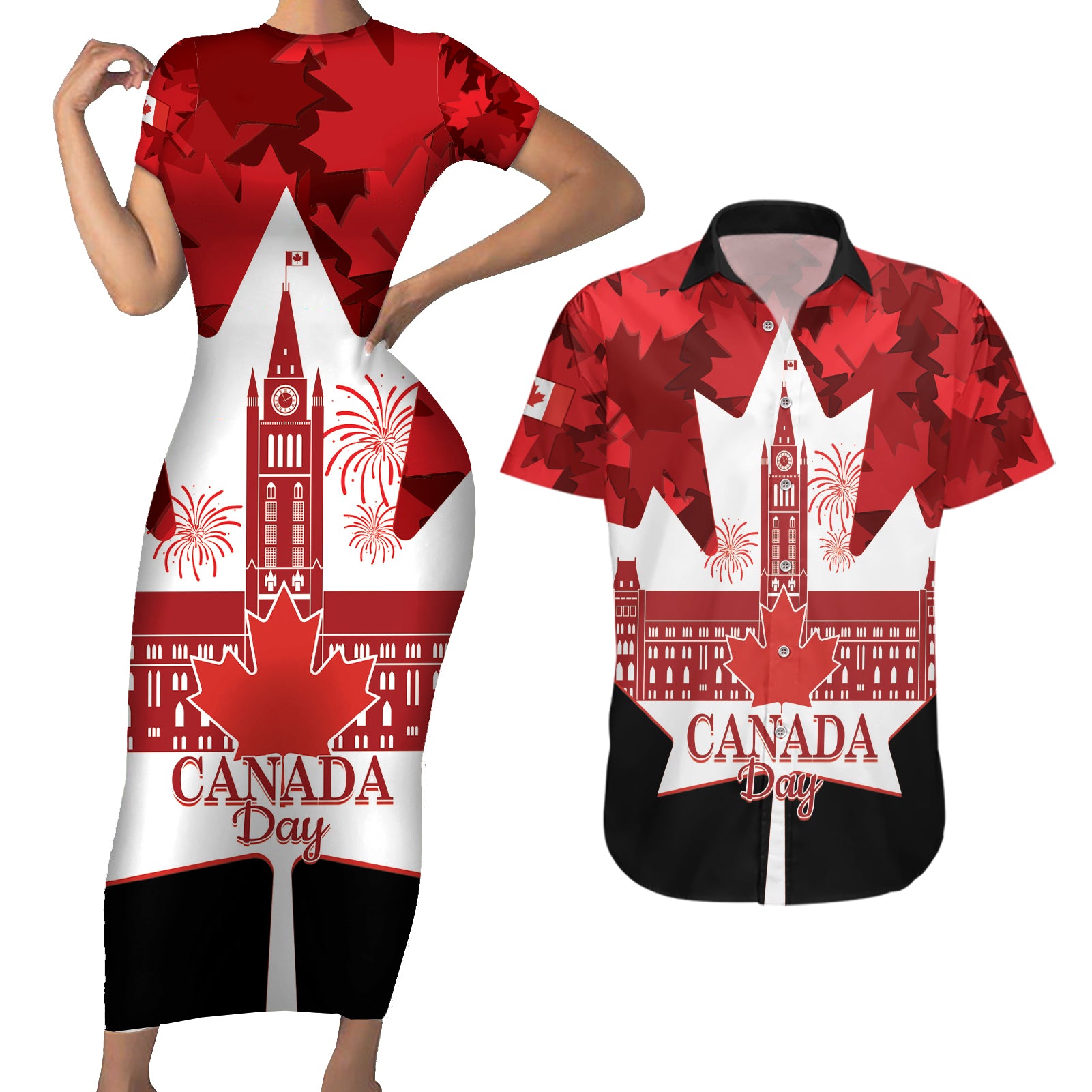 Canada Day Couples Matching Short Sleeve Bodycon Dress and Hawaiian Shirt 2024 Canadian Maple Leaf Pattern - Wonder Print Shop