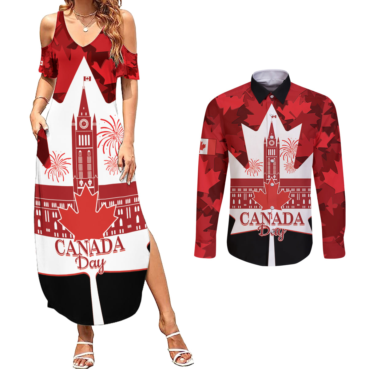 Canada Day Couples Matching Summer Maxi Dress and Long Sleeve Button Shirt 2024 Canadian Maple Leaf Pattern - Wonder Print Shop