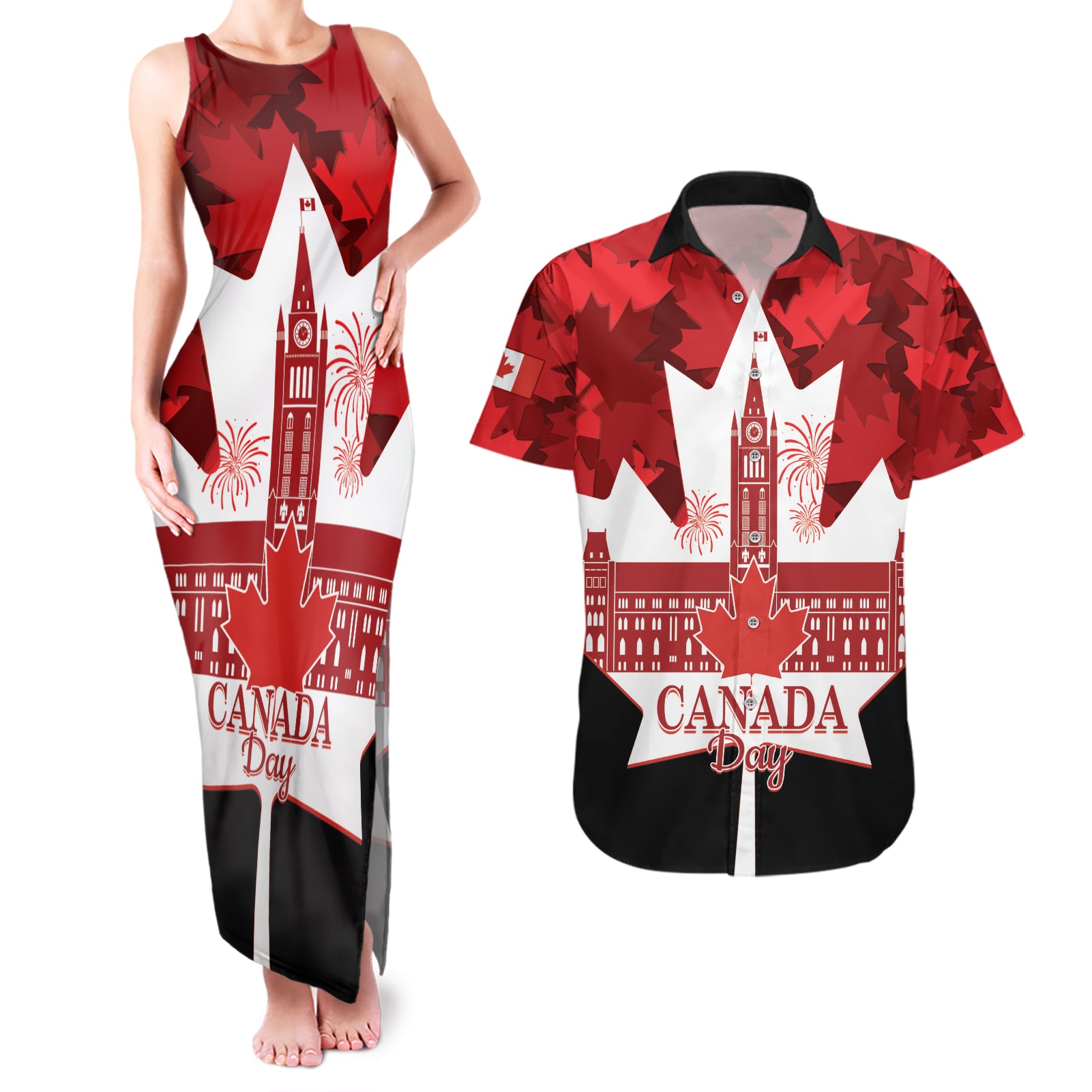 Canada Day Couples Matching Tank Maxi Dress and Hawaiian Shirt 2024 Canadian Maple Leaf Pattern - Wonder Print Shop