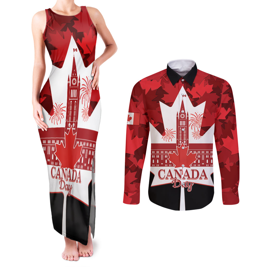 Canada Day Couples Matching Tank Maxi Dress and Long Sleeve Button Shirt 2024 Canadian Maple Leaf Pattern - Wonder Print Shop