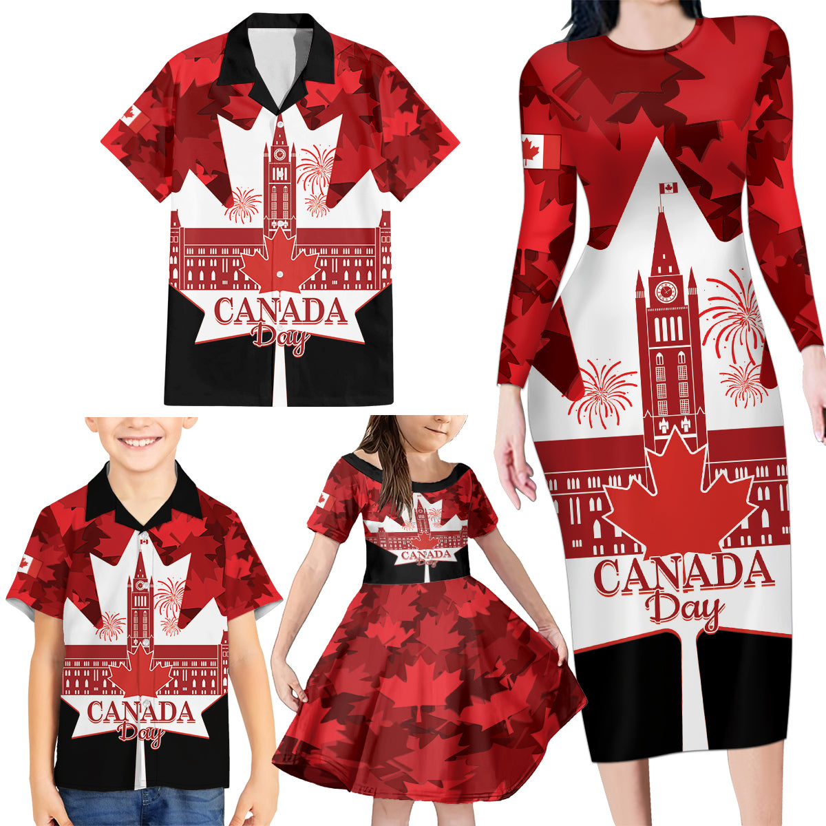 Canada Day Family Matching Long Sleeve Bodycon Dress and Hawaiian Shirt 2024 Canadian Maple Leaf Pattern - Wonder Print Shop