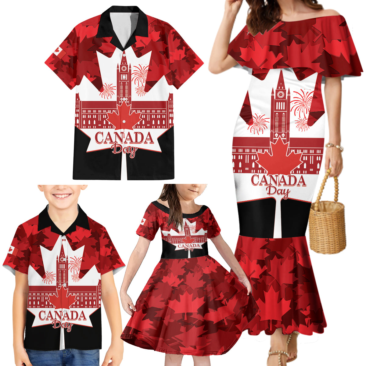 Canada Day Family Matching Mermaid Dress and Hawaiian Shirt 2024 Canadian Maple Leaf Pattern - Wonder Print Shop