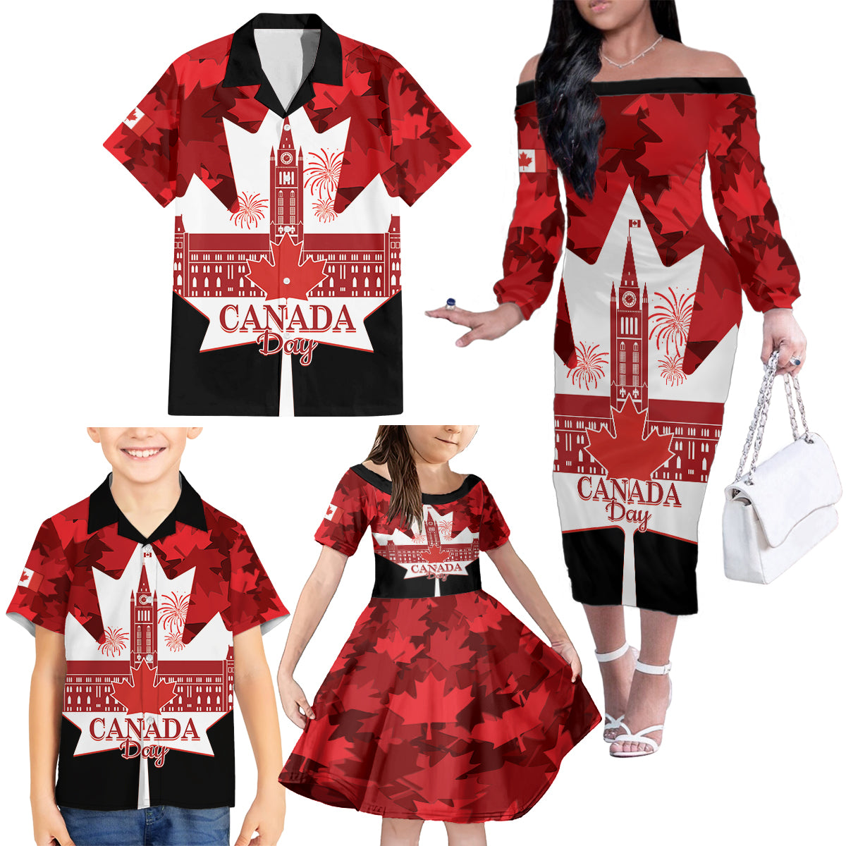 Canada Day Family Matching Off The Shoulder Long Sleeve Dress and Hawaiian Shirt 2024 Canadian Maple Leaf Pattern - Wonder Print Shop