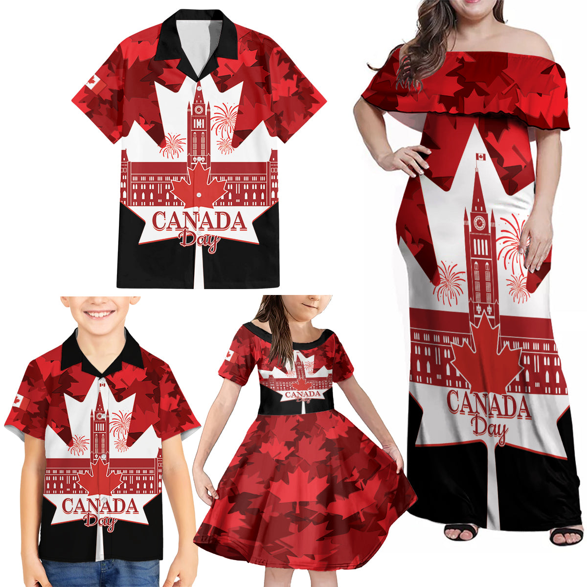 Canada Day Family Matching Off Shoulder Maxi Dress and Hawaiian Shirt 2024 Canadian Maple Leaf Pattern - Wonder Print Shop