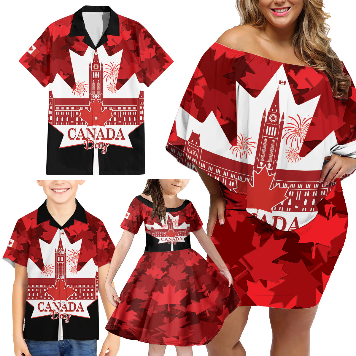 Canada Day Family Matching Off Shoulder Short Dress and Hawaiian Shirt 2024 Canadian Maple Leaf Pattern - Wonder Print Shop