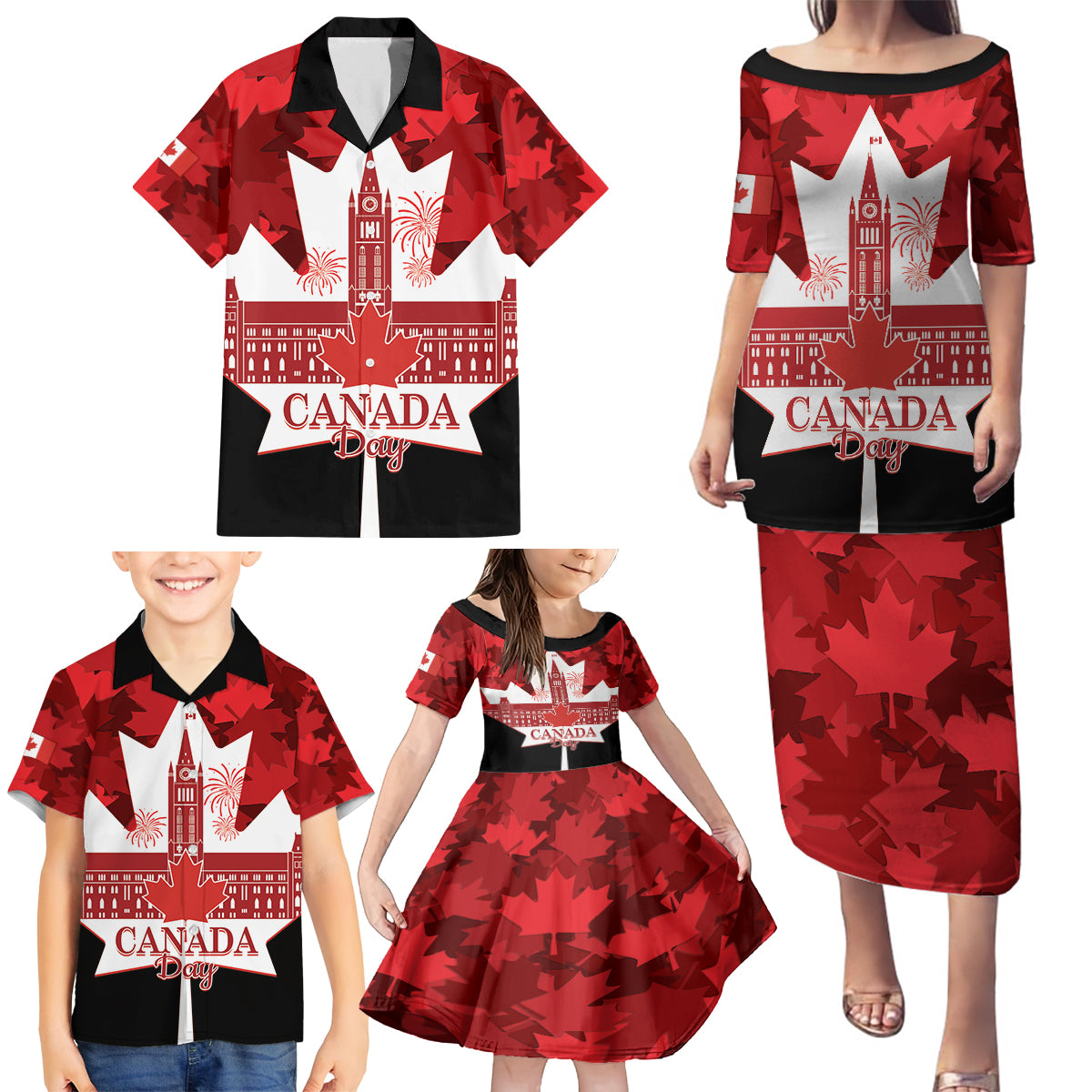 Canada Day Family Matching Puletasi and Hawaiian Shirt 2024 Canadian Maple Leaf Pattern - Wonder Print Shop