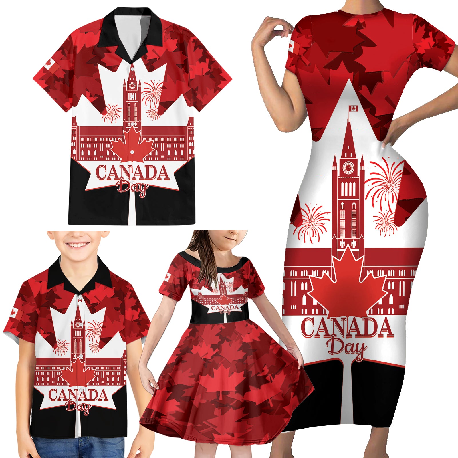 Canada Day Family Matching Short Sleeve Bodycon Dress and Hawaiian Shirt 2024 Canadian Maple Leaf Pattern - Wonder Print Shop