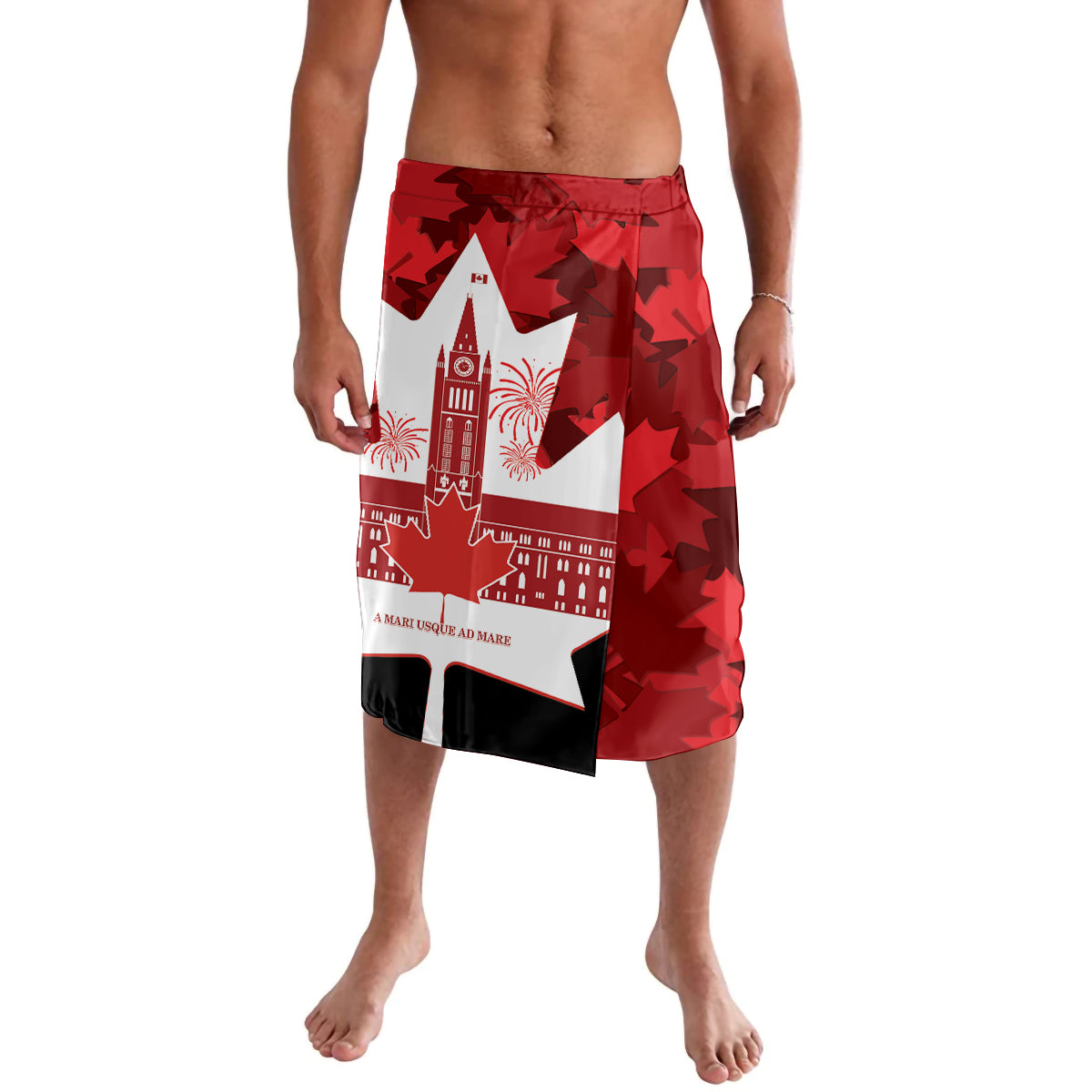 Red graphic swim shorts with city skyline panel and elastic waistband