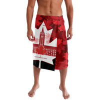 Red graphic swim shorts with city skyline panel and elastic waistband