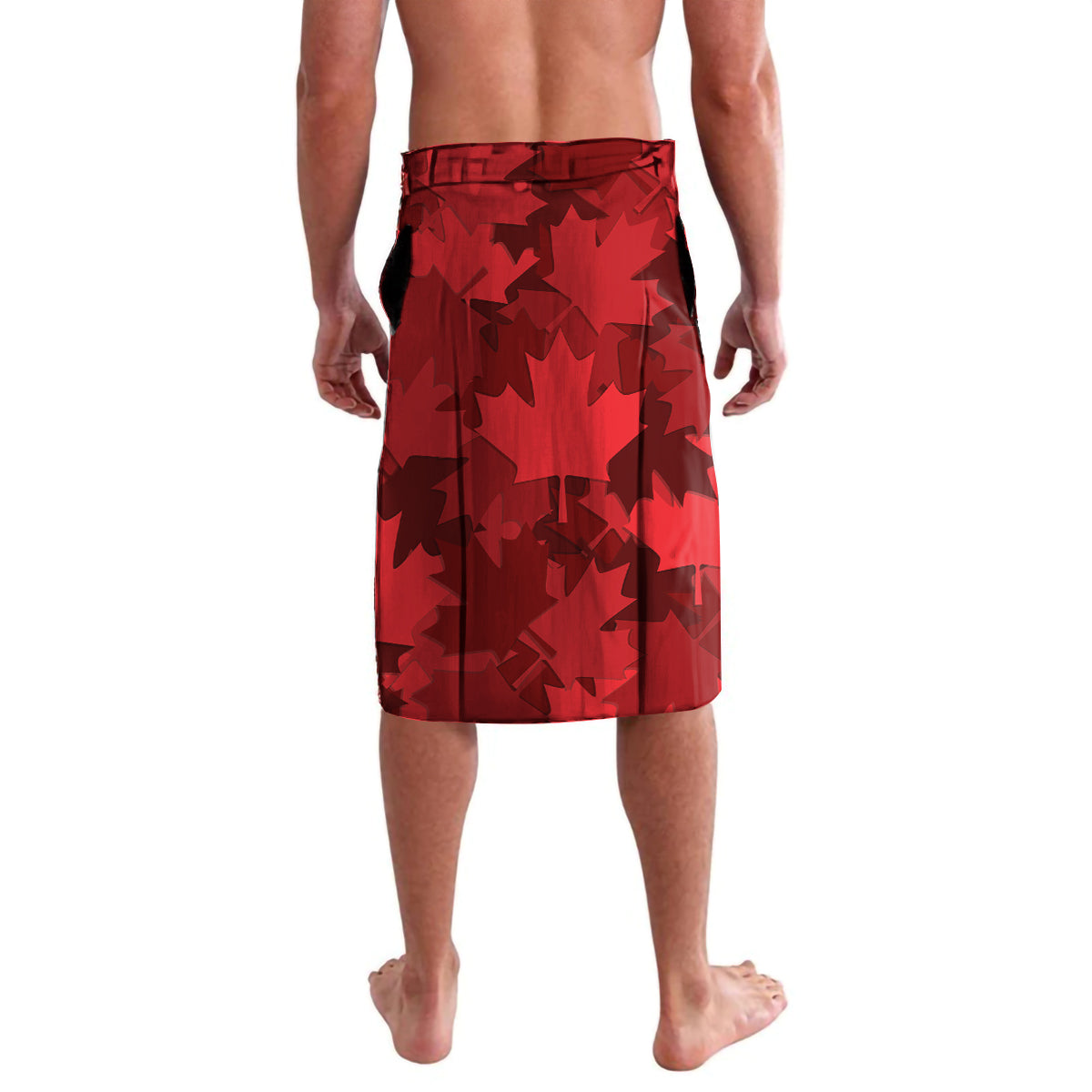 Red patterned swim shorts with elastic waistband and drawstring