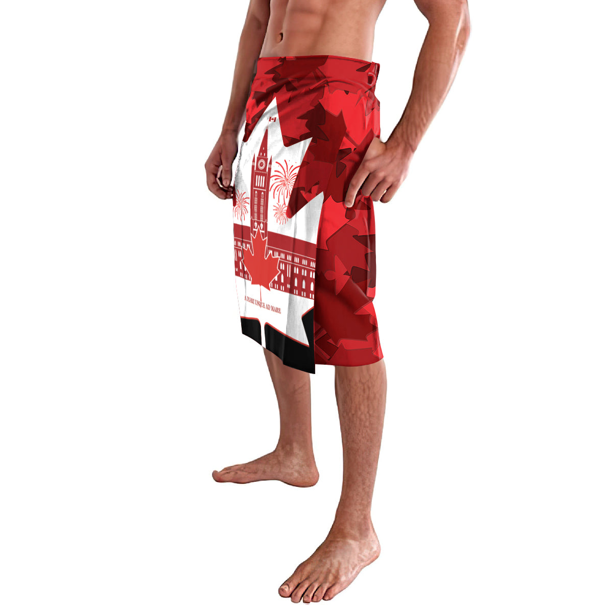 Red, white and black graphic swim shorts with side panel and elastic waistband