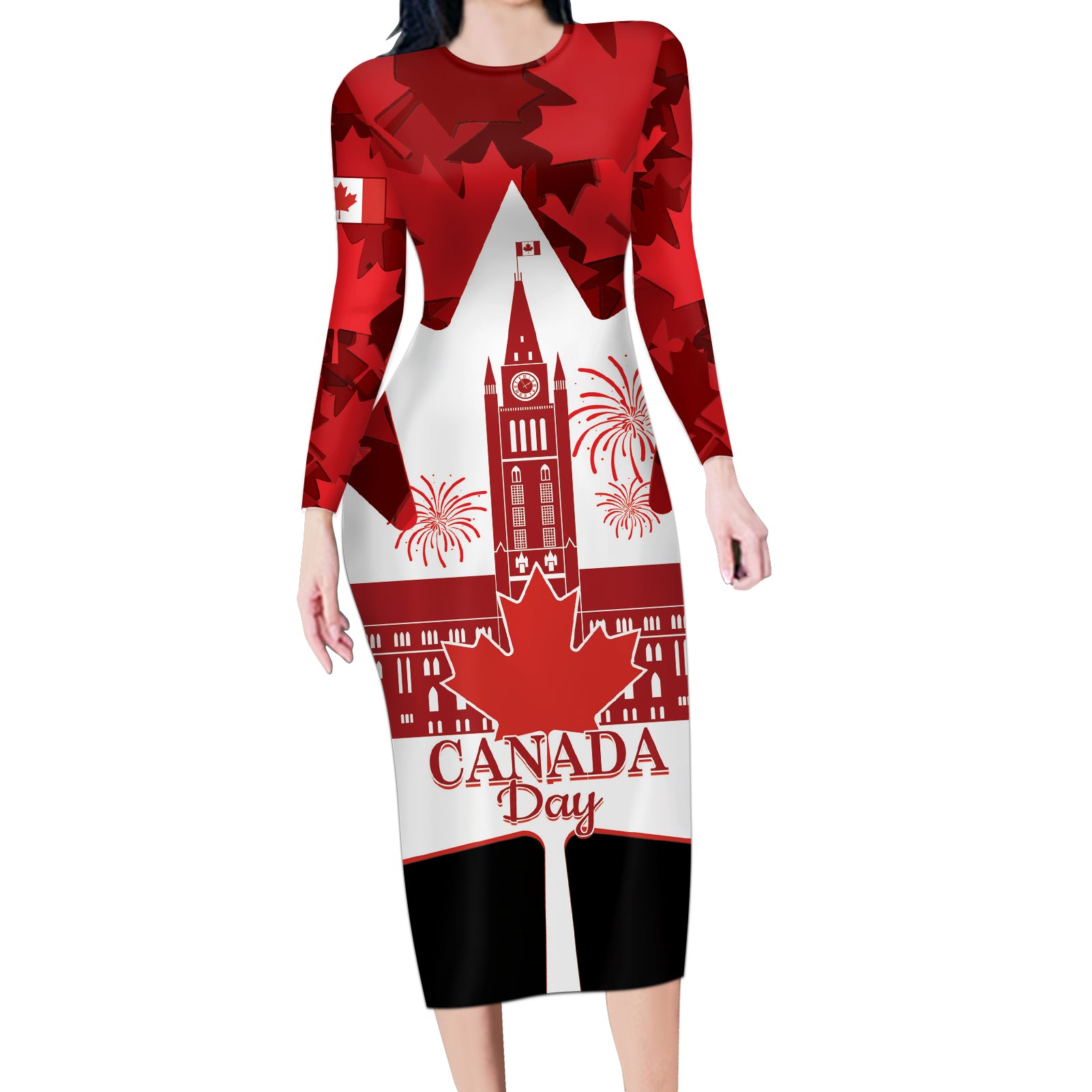 Canada Day Long Sleeve Bodycon Dress 2024 Canadian Maple Leaf Pattern - Wonder Print Shop