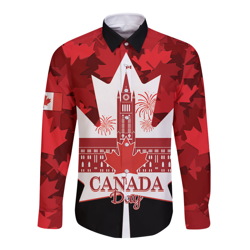 Canada Day Long Sleeve Button Shirt 2024 Canadian Maple Leaf Pattern - Wonder Print Shop