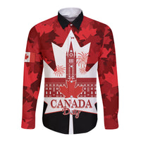 Red long-sleeve button shirt with Canada Day graphic and maple leaf pattern