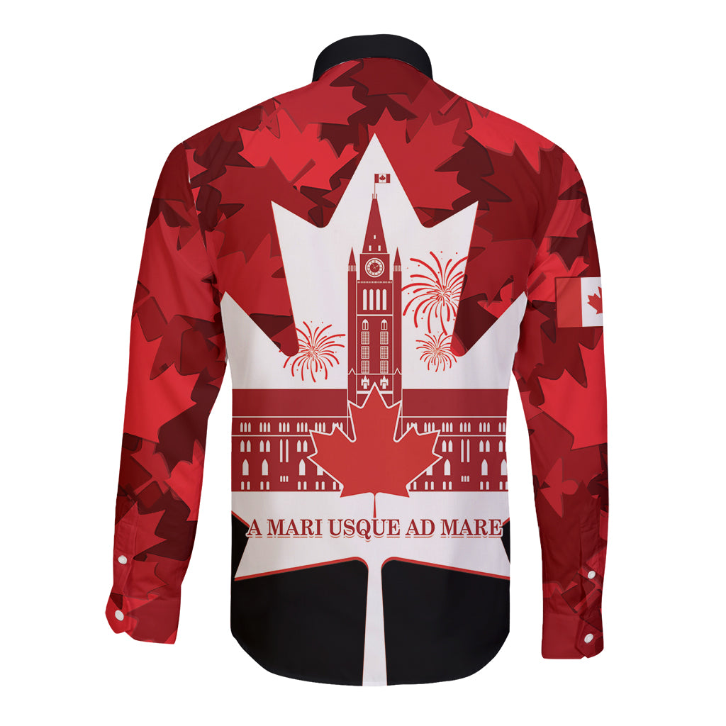 Red long-sleeve button shirt back with Canada Day fireworks building graphic