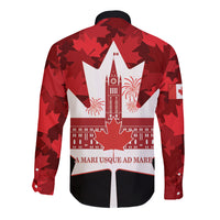 Red long-sleeve button shirt back with Canada Day fireworks building graphic