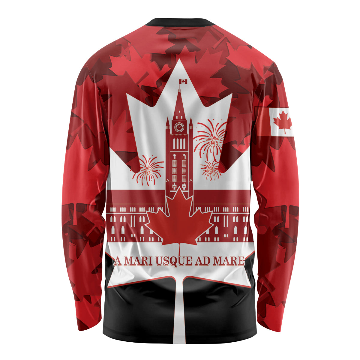 Red long-sleeve back shirt with maple leaf pattern, Canadian emblem, and slogan