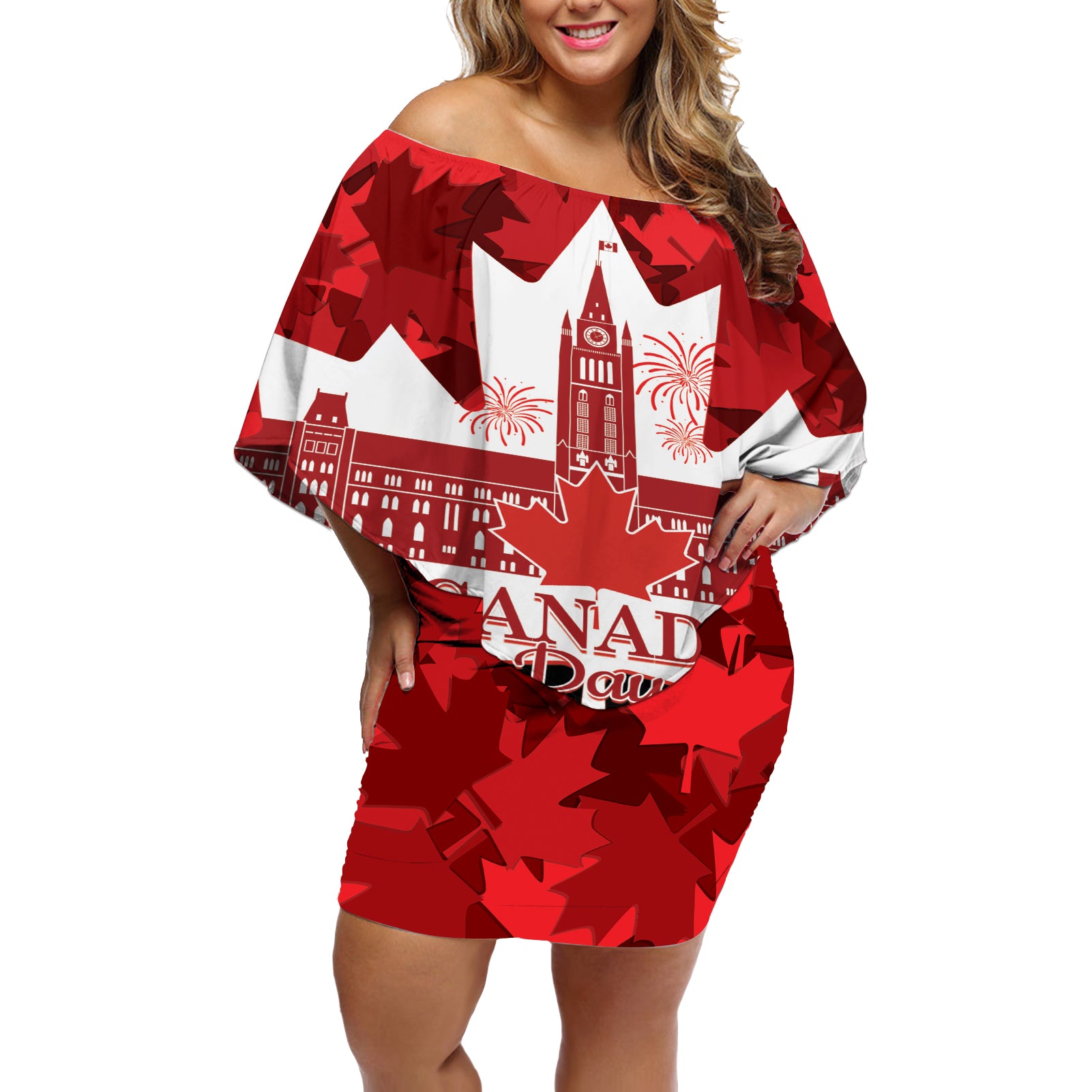 Canada Day Off Shoulder Short Dress 2024 Canadian Maple Leaf Pattern - Wonder Print Shop