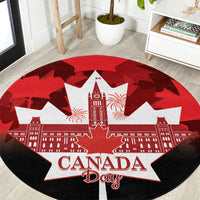 Red round Canada Day rug with large white star, skyline and 'CANADA Day' text