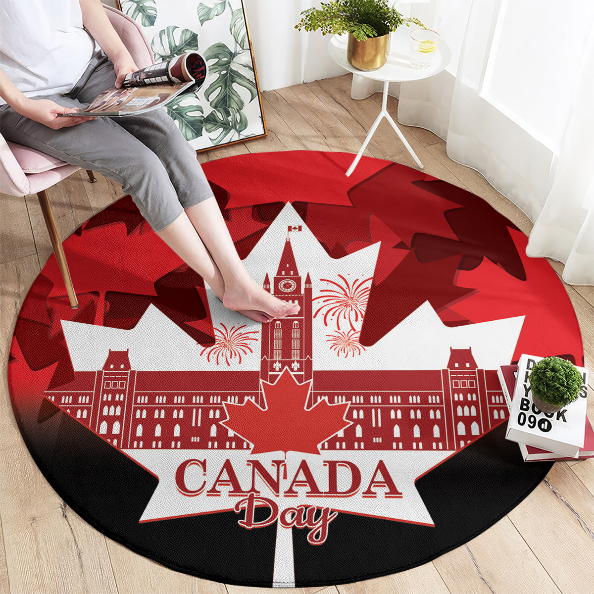 Red round Canada Day rug with central tower skyline, fireworks motifs, 'CANADA Day' text