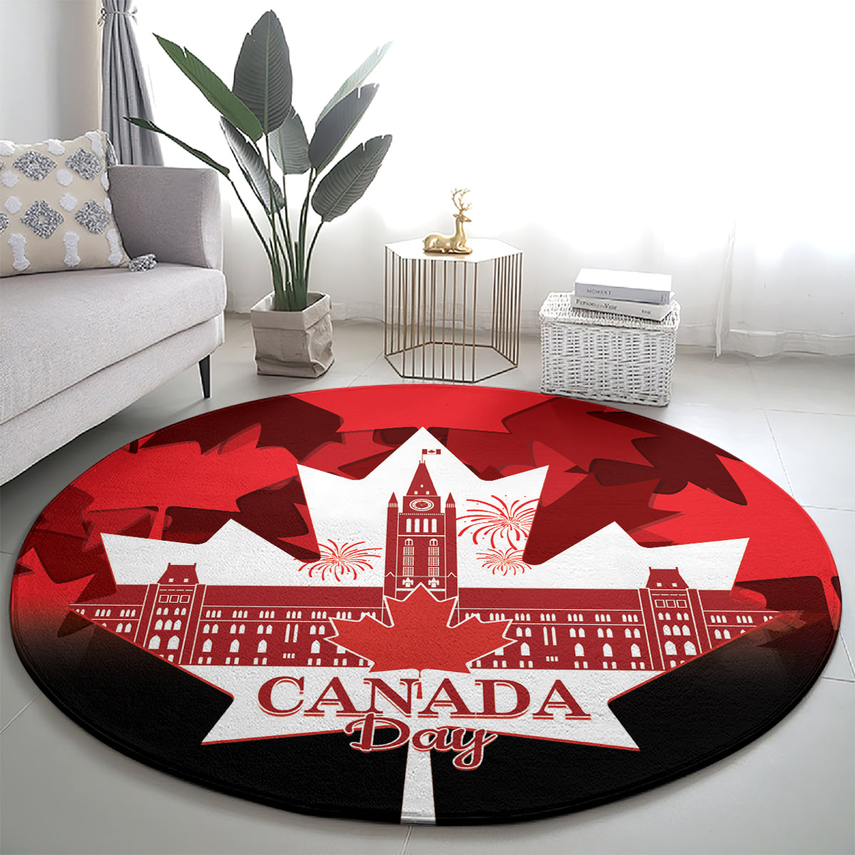 Red round Canada Day rug with white star, 'CANADA Day' lettering, maple leaf shapes