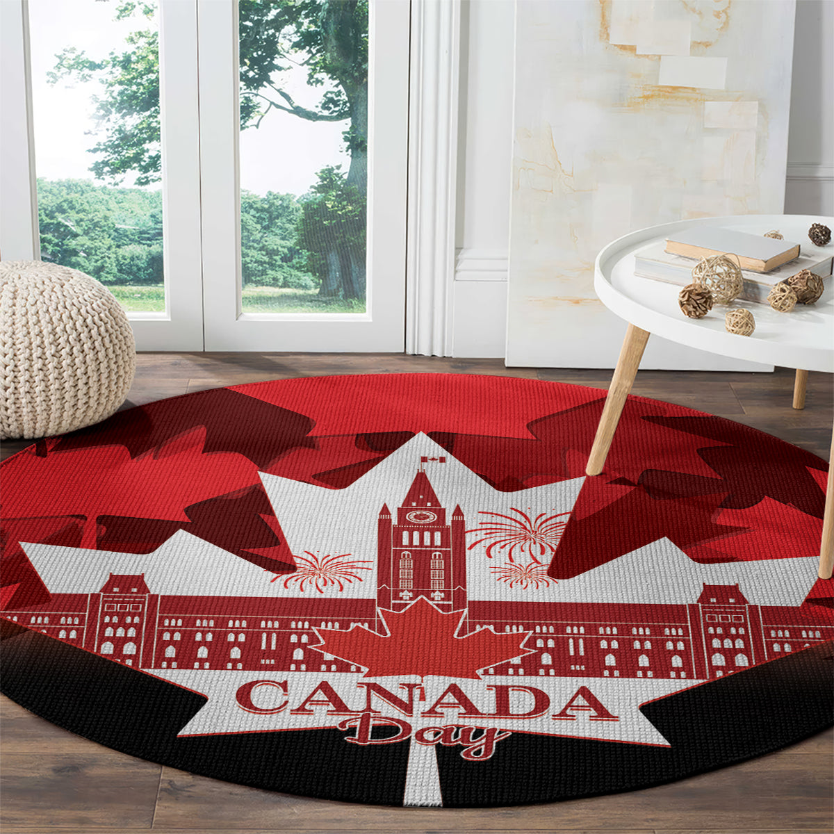 Red round Canada Day rug with black edge, white star and 'CANADA Day' text over skyline
