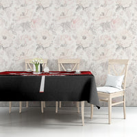 Red maple-leaf tablecloth with Canada Day emblem, dark border on tabletop