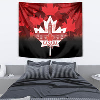 Red and black Canada Day tapestry with maple leaf pattern and central Canada Day emblem