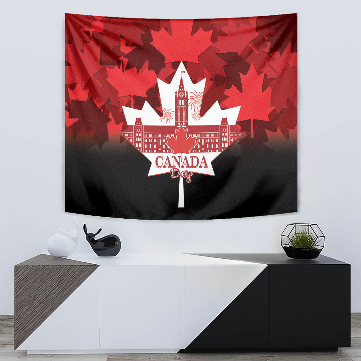 Red and black Canada Day tapestry with maple leaf pattern and central Canada Day emblem