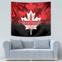 Red and black maple leaf Canada Day tapestry with Canada Day wordmark and building