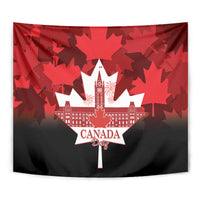 Red and black tapestry with large maple leaf shapes and central Canada Day logo