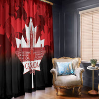 Canada Day window curtain showing red maple leaves and Canada Day city skyline graphic