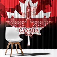 Canada Day window curtain close-up with Canada Day text, skyline, and red maple leaves