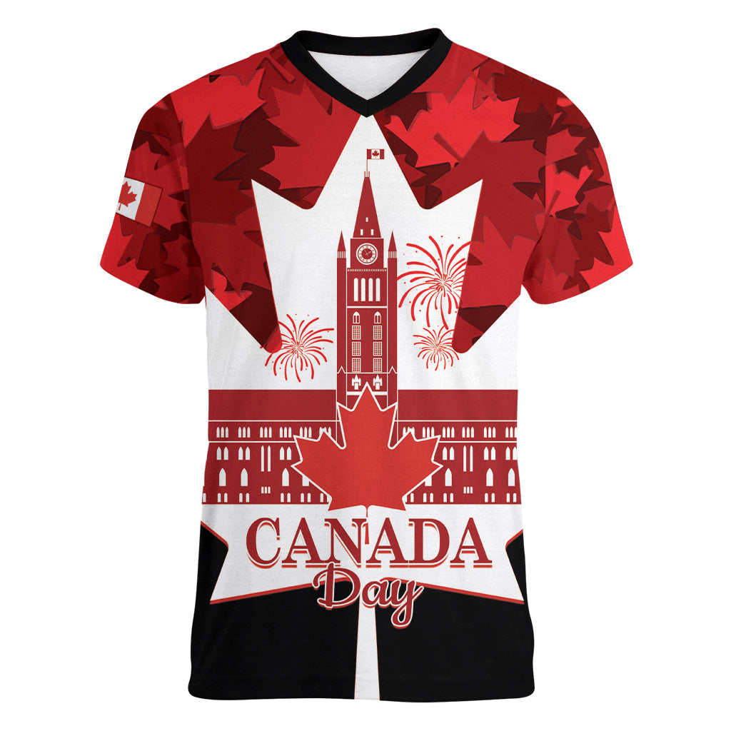 Canada Day Women V-Neck T-Shirt 2024 Canadian Maple Leaf Pattern