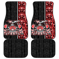 Car floor mat set, black with red border and Raven face tribal pattern