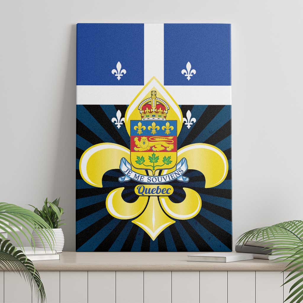 Blue Quebec canvas wall art featuring coat of arms emblem with fleur-de-lis rays