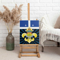 Blue Quebec canvas wall art on easel showing fleur-de-lis coat of arms crest