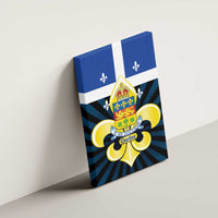 Blue Quebec canvas wall art mounted on wall with fleur-de-lis coat of arms crest