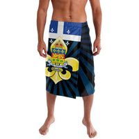 Quebec Lavalava beach wrap skirt with crest graphic and blue patterned panels