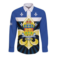 Blue long-sleeve button shirt with Quebec crest graphic and white collar