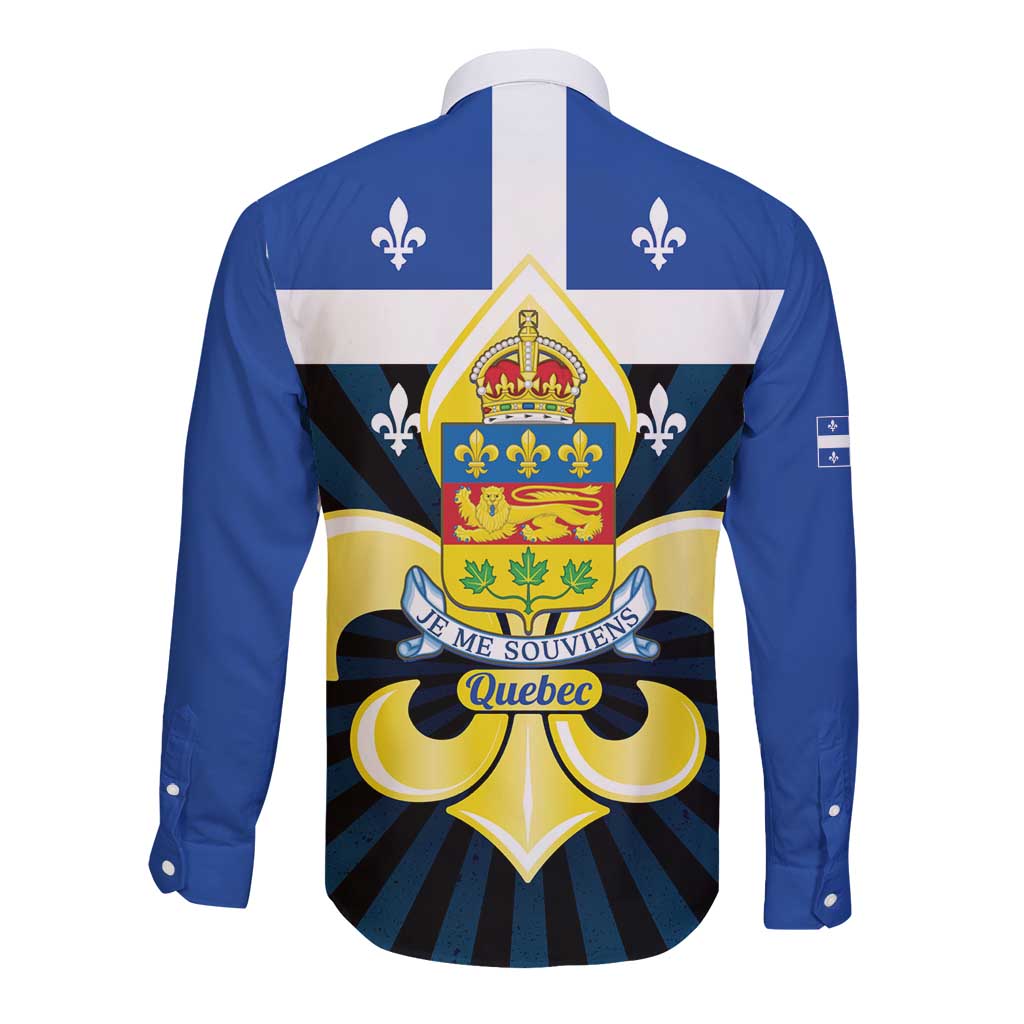 Blue long-sleeve button shirt, back view, with Quebec crest and white collar
