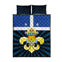 Blue quilt bed set with white diagonal bands, fleur-de-lis, Quebec coat of arms, 2 pillows