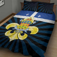 Blue, black, and white quilt bed set featuring a large Quebec coat of arms and fleur-de-lis