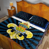 Blue, black, and white quilt bed set with Quebec coat of arms and fleur-de-lis, plus 2 pillows