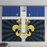 Blue window curtain panels with Quebec crest, fleur-de-lis, and striped rays design