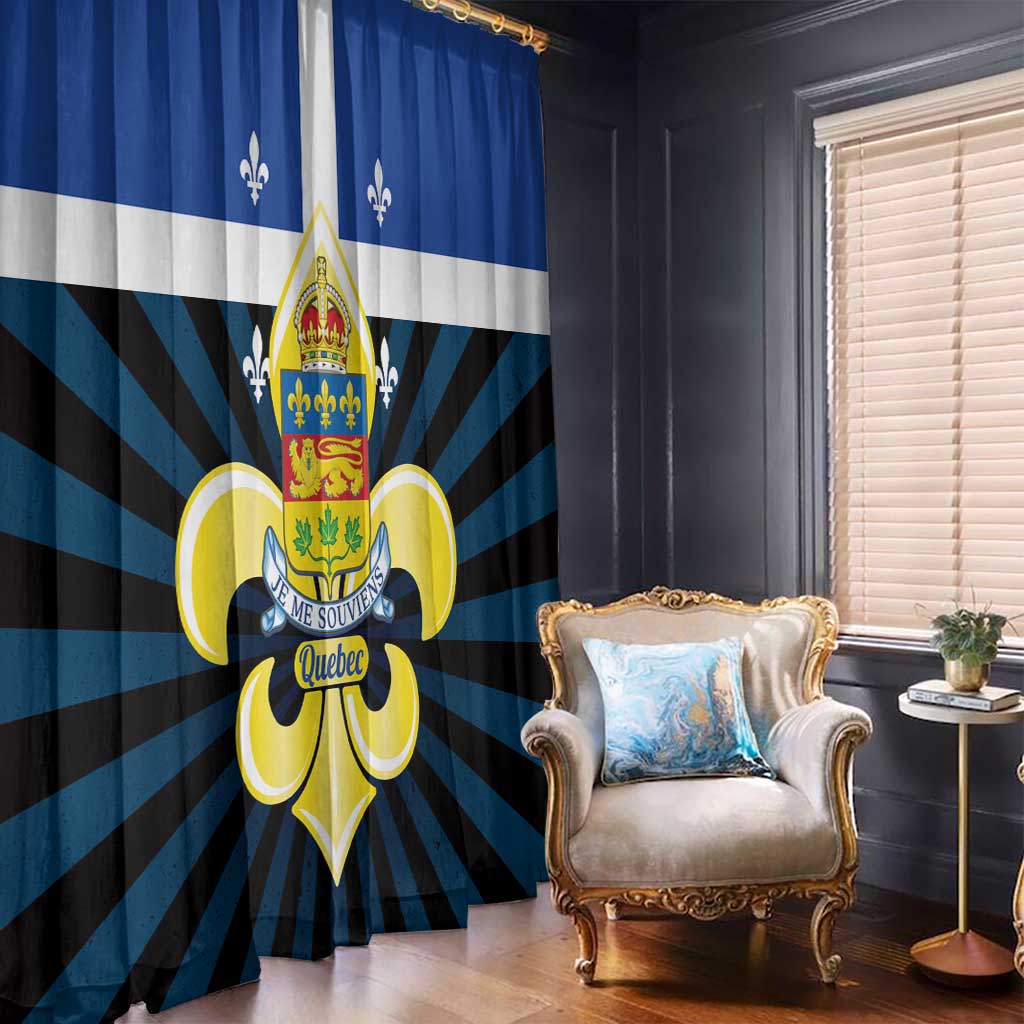 Blue window curtain panels with centered Quebec crest and striped fleur-de-lis ray pattern