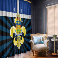 Blue window curtain panels with centered Quebec crest and striped fleur-de-lis ray pattern