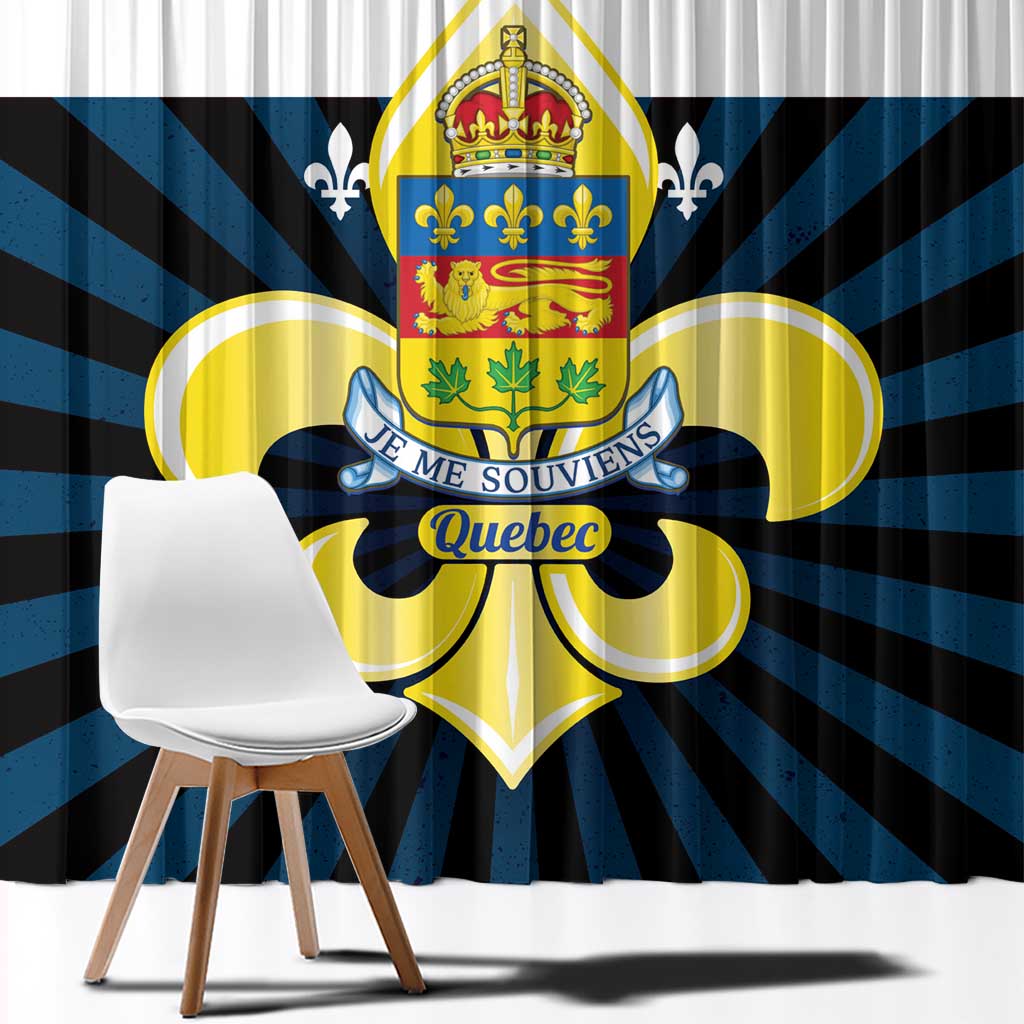 Blue curtain panel with large Quebec coat of arms, fleur-de-lis accents, striped rays