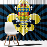 Blue curtain panel with large Quebec coat of arms, fleur-de-lis accents, striped rays